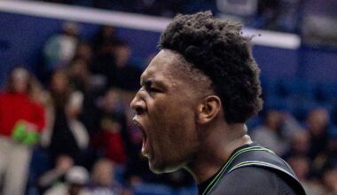 Dec 8, 2025; New Orleans, Louisiana, USA;  New Orleans Pelicans center Derik Queen (22) reacts to a play against the San Antonio Spurs during the second half at Smoothie King Center. Mandatory Credit: Stephen Lew-Imagn Images