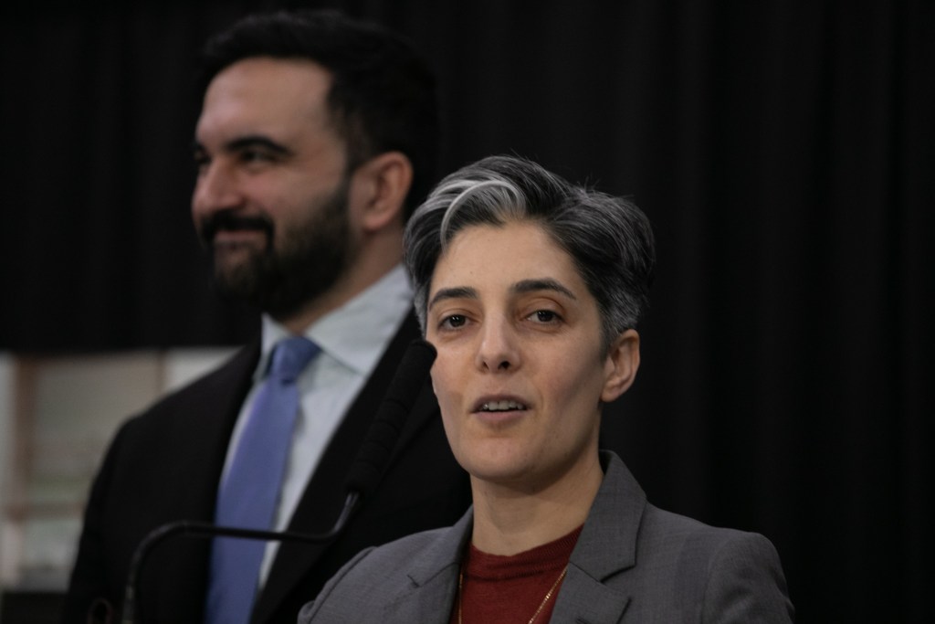 Deputy Mayor for Housing and Planning Leila Bozorg speaks at a press conference alongside Mayor Zohran Mamdani about installing electrical heat pumps at a Far Rockaway NYCHA complex,