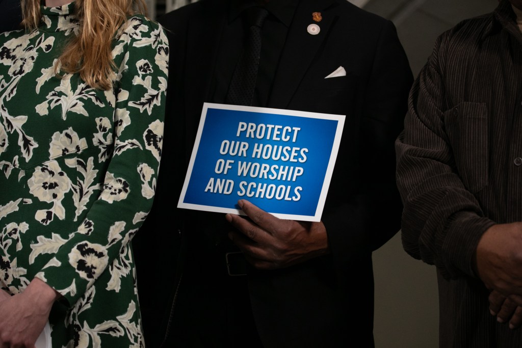 Religious and Councilmembers joined a City Hall press conference about about a bill to create a buffer zone for protests around houses of worship,
