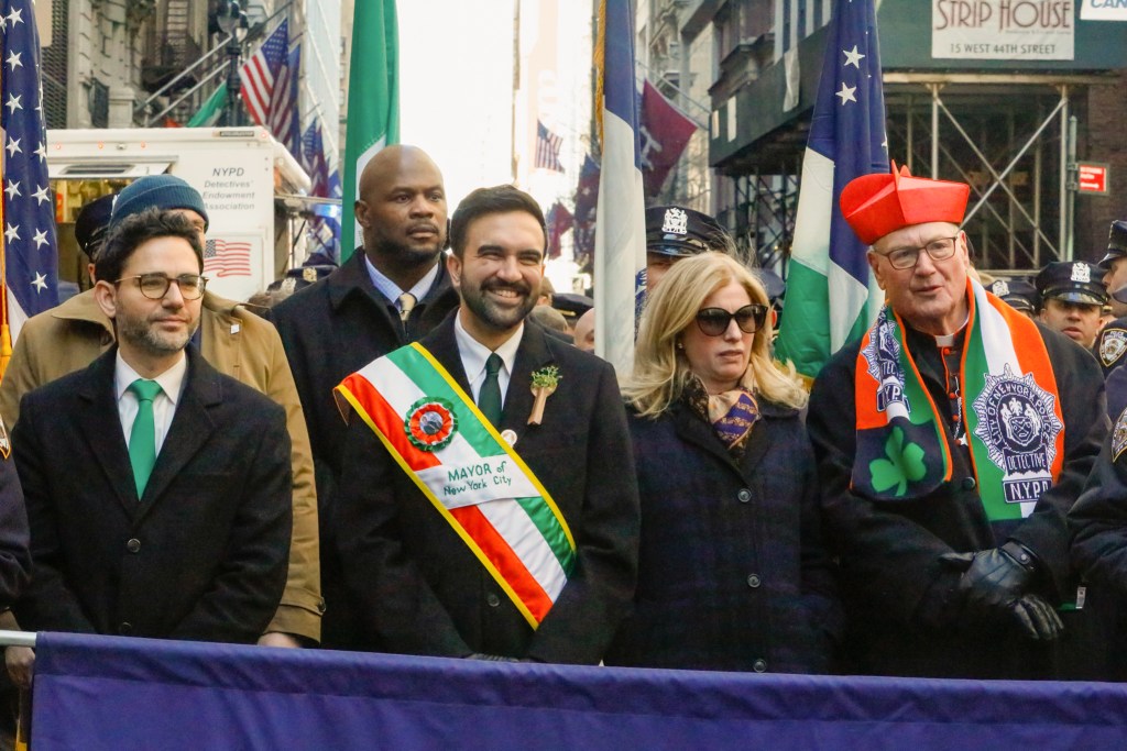 Mayor Zohran Mamdani marches next to NYPD Commissioner Jessica Tisch and Cardinal Timothy Dolan in the St. Patrick’s Day Parade in Manhattan,