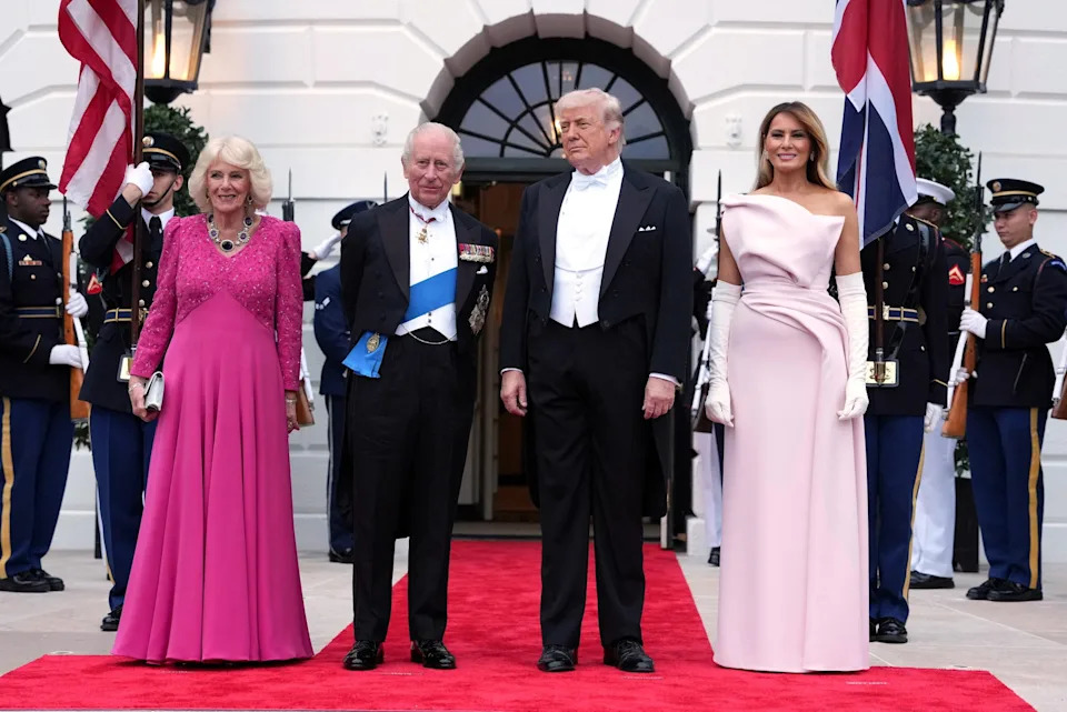 Ken Cedeno/Reuters - PHOTO: President Donald Trump and first lady Melania Trump welcomes Britain's King Charles and Queen Camilla at the South Portico as they arrive for a state dinner at the White House in Washington, D.C., April 28, 2026.