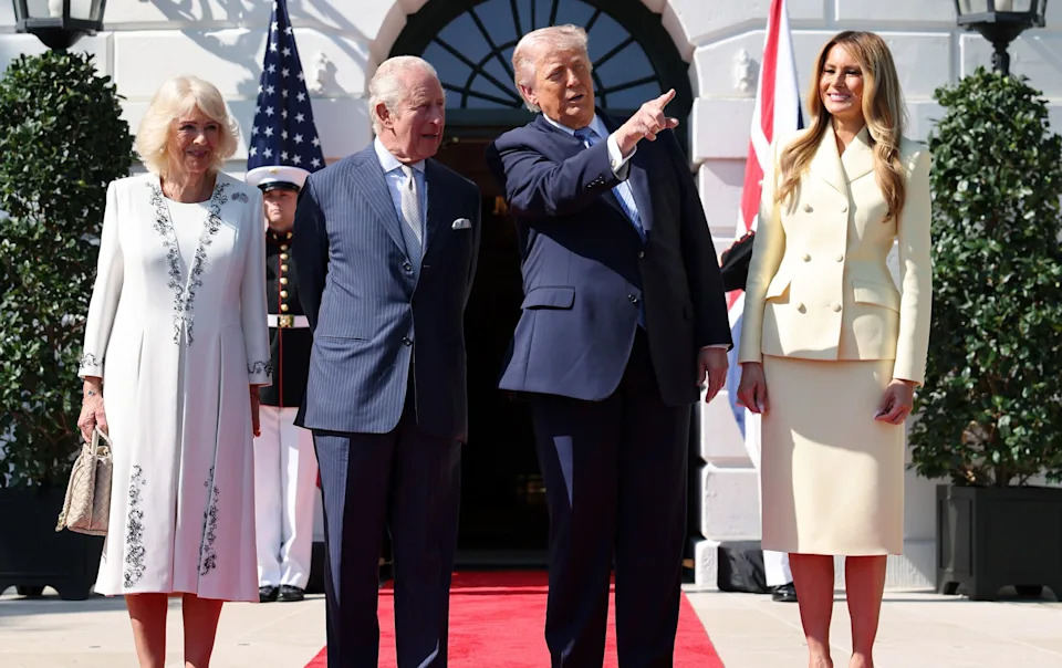 Melania Trump welcomes the royals in a buttercup yellow Adam Lippes suit