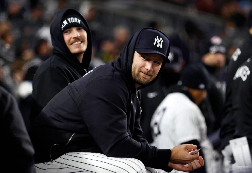 Gerrit Cole in the New York Yankees dugout.