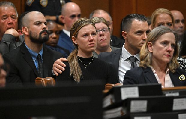 Stephanie Diller, the widow of NYPD Officer Jonathan Diller, is pictured during the trial of Guy Rivera, who is charged with the murder of Officer Diller, at Queens Criminal Court on April 1, 2026. (Gregory P. Mango / Pool)