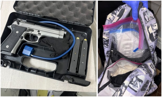 A handgun (left) and bags of fentanyl were seized by the DEA's New York Task Force Division and the New York City Special Narcotics Prosecutor's Office at fentanyl mills in Manhattan and the Bronx.