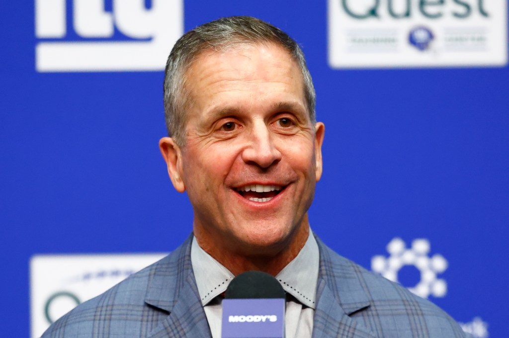 New York Giants head coach John Harbaugh responds to questions from reporters about players selected in the NFL draft, Thursday, April 23, 2026, in East Rutherford, N.J. 