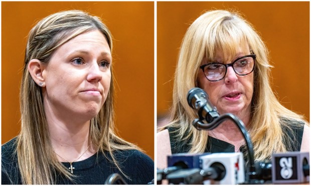 NYPD Detective Jonathan Diller's wife Stephanie, left, and mother Fran, right, address the court prior to the sentencing of Guy Rivera at Queens Criminal Court on Monday.