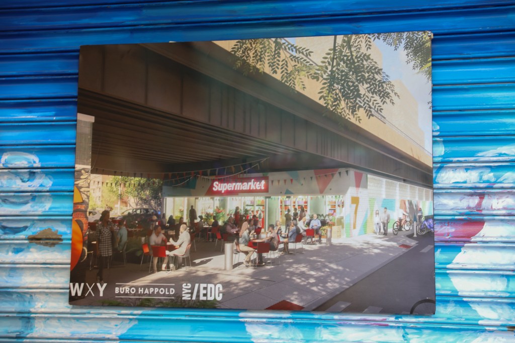 The Mamdani administration displayed a rendering at La Marqueta about a planned city-run grocery store,