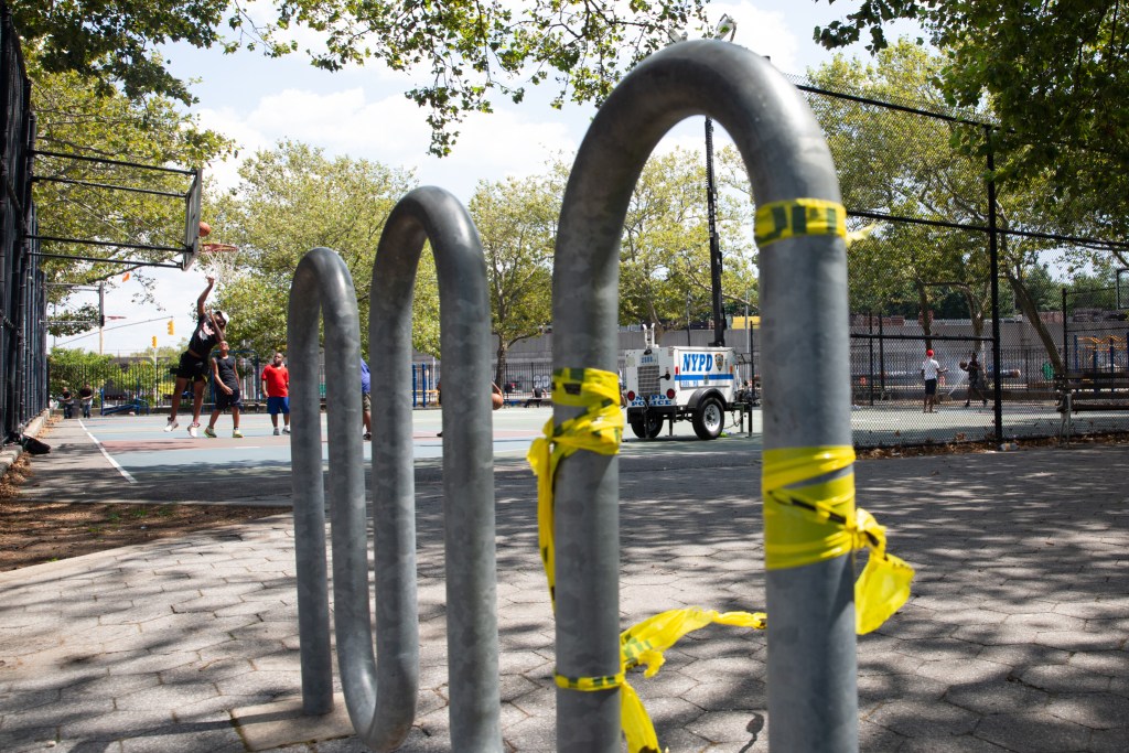 The NYPD placed floodlights in a Brownsville park after a shooting