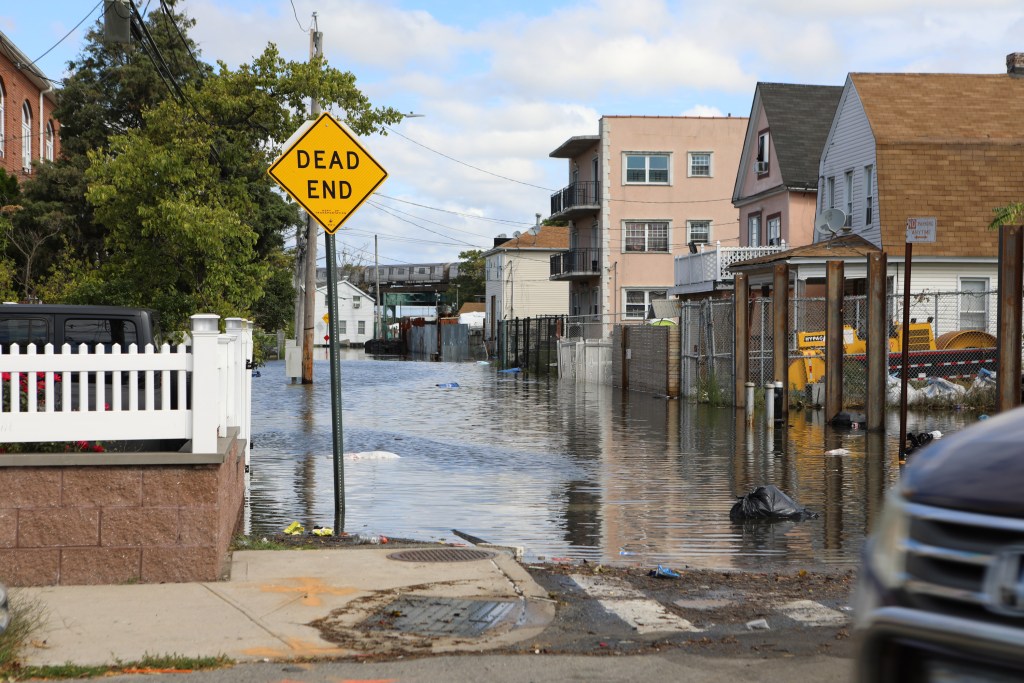 Flooding was visible north of the Beach 84th Street station north of the A train elevated tracks in the Rockaways.