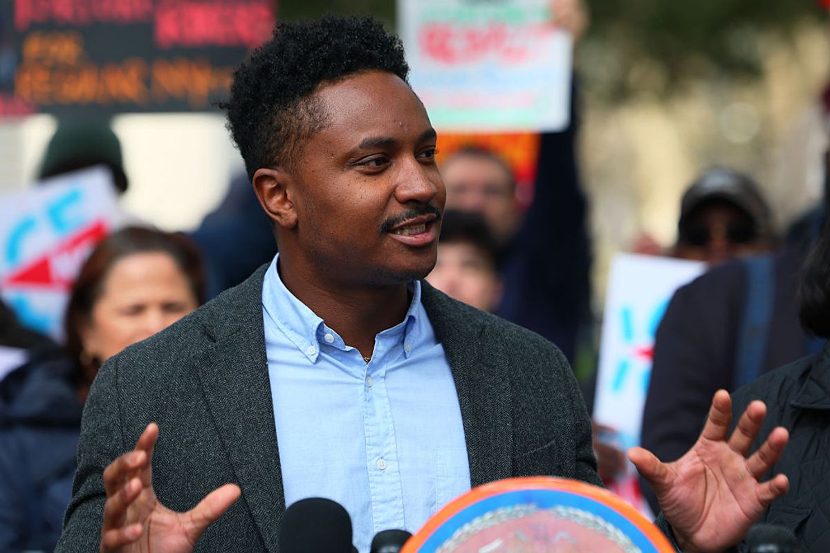 Council Member Chi Ossé speaks during a press conference outside of City Hall on April 10, 2025 in New York City