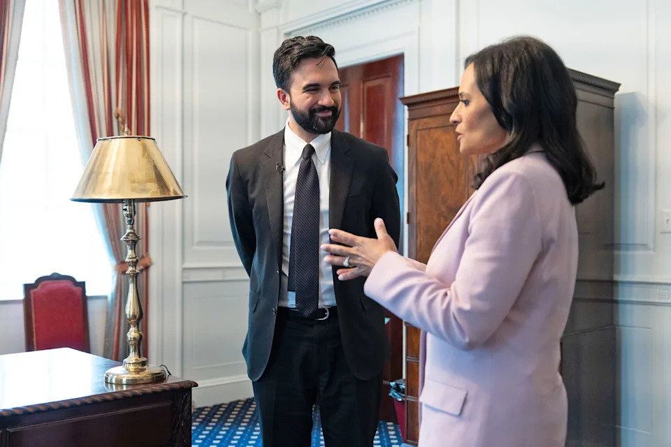 New York Mayor Zohran Mamdani talks with NBC's Kristen Welker at City Hall on April 15, 2026. (David Holloway / NBC News)