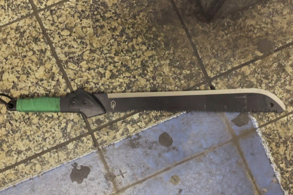 The machete used in the attack is displayed during a press conference held by NYPD Commissioner Jessica Tisch at Grand Central Terminal. Luiz C. Ribeiro for NY Post