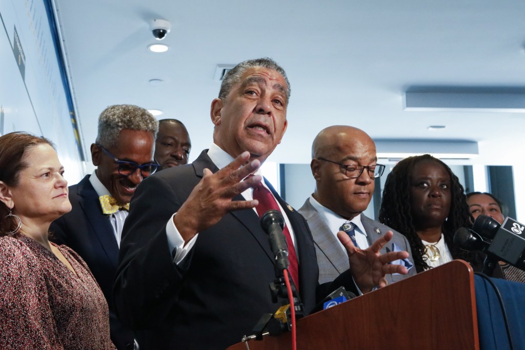 Congressional Rep. Adriano Espaillat leads a press conference at the Second Avenue Subway information center against the Trump administration treating to cut funds for the project