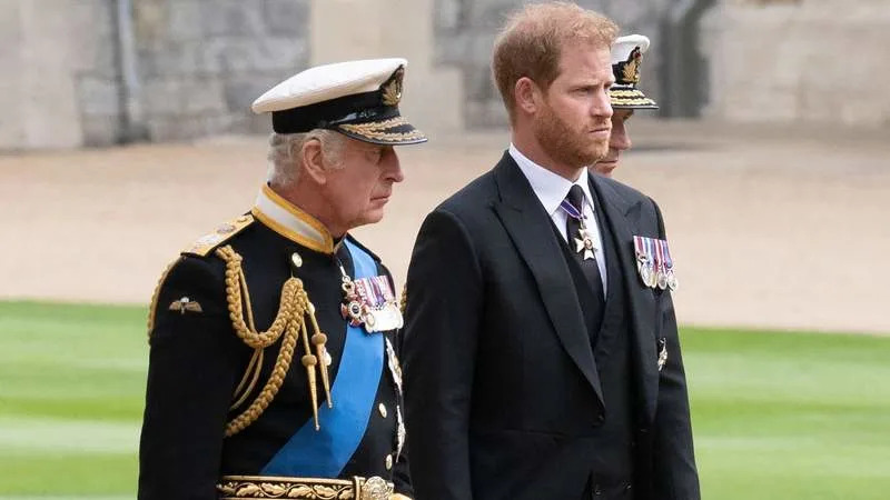 King Charles III and Prince Harry during the funeral procession for Queen Elizabeth II in 2022. By: MEGA