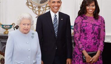 Queen Elizabeth II with President Barack Obama and his wife Michelle Obama during their visit to Windsor Castle in April 2016