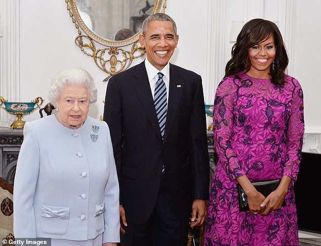 Queen Elizabeth II with President Barack Obama and his wife Michelle Obama during their visit to Windsor Castle in April 2016