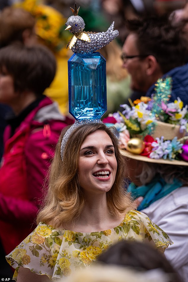 Emily Hupp, 29, seen wearing a Tiffany themed Bird on a Rock hat in the Easter Bonnet Parade