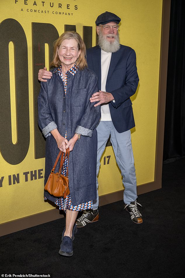 Late-night talk icon David Letterman sported a full white beard and a newsboy cap as he arrived at the premiere with his wife Regina Lasko