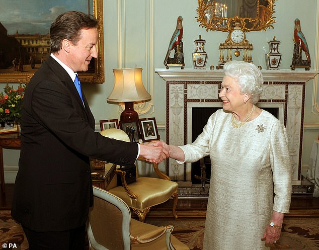 Queen Elizabeth greeting David Cameron at Buckingham Palace at an audience to invite him to be the next Prime Minister following a General Election