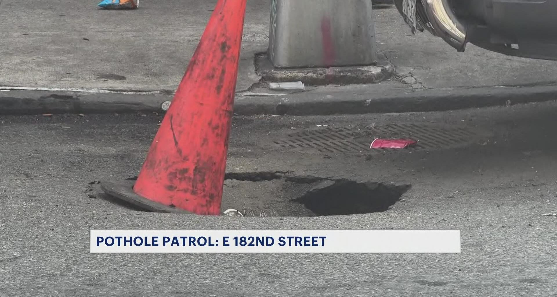 News 12 | Bronx | Pothole Patrol Crater On E 182nd Street Concerns Residents