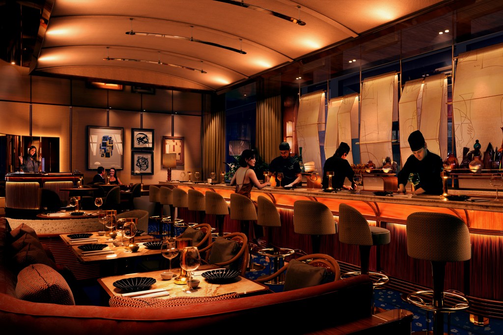 Illustration of a restaurant interior with a bar, chefs, and dining tables.