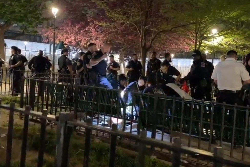 Police officers around a person on a stretcher on the ground.