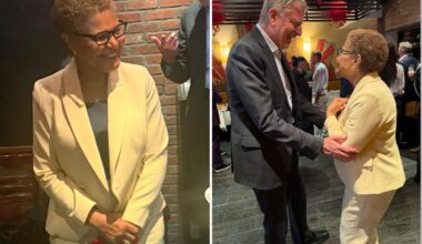 LA Mayor Karen Bass embraces NYC Mayor Bill de Blasio at $1.8K coast-to-coast fundraiser
