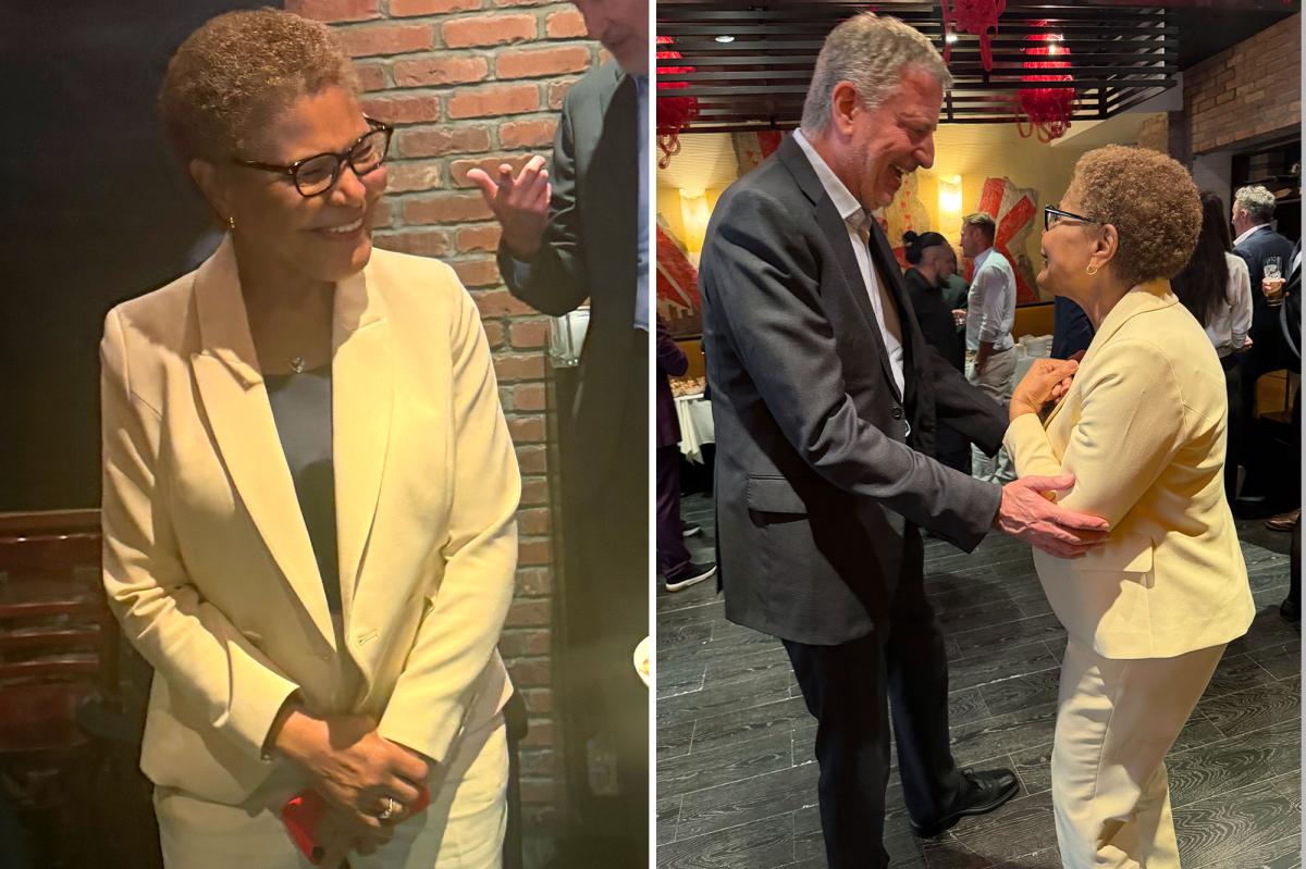 LA Mayor Karen Bass embraces NYC Mayor Bill de Blasio at $1.8K coast-to-coast fundraiser