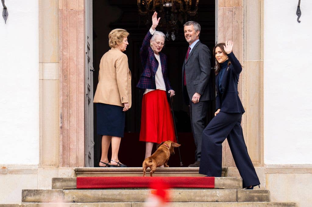 Denmark's Queen Margrethe, second from left, Queen Anne-Marie, left, King Frederik, second from right, and Queen Mary, right, attend a concert by the Royal Life Guards Music Corps, on the occasion of Queen Margrethe's 86th birthday, in the Inner Courtyard at Fredensborg Palace, Denmark, Thursday, April 16, 2026