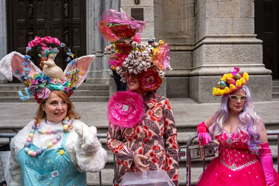 People participate in the Easter Parade and Bonnet Festival on Fifth Avenue, Sunday, April 5, 2026, in New York. (AP Photo/Adam Gray)