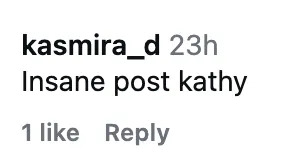 Comment saying, "Insane post kathy" by user kasmira_d, posted 23 hours ago