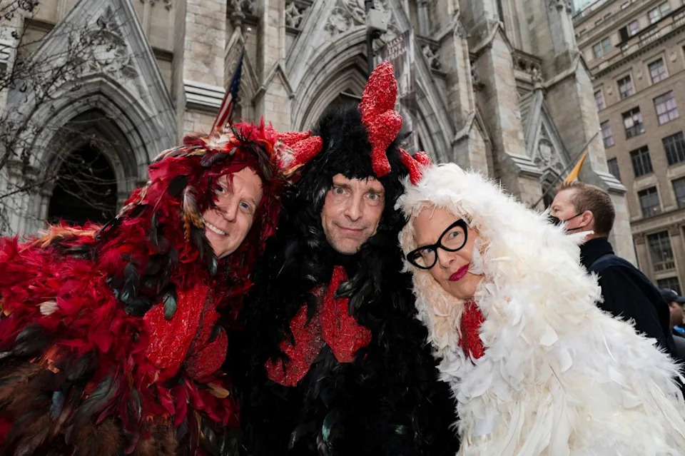 NEW YORK, NEW YORK – APRIL 05: Participants pose during the New York City Easter Bonnet Parade in front of St. Patrick’s Cathedral on April 05, 2026 in New York City. (Photo by Craig T Fruchtman/Getty Images)