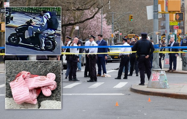 Police investigate (main) after a 7-month-old girl in a stroller was fatally shot near Humboldt and Moore Sts. in East Williamsburg, Brooklyn, on Wednesday. The suspects are pictured top-inset, and a bloody pink knit baby's bonnet is pictured on the ground near the scene. (Gardiner Anderson; Kerry Burke / New York Daily News; Obtained by NYDN)