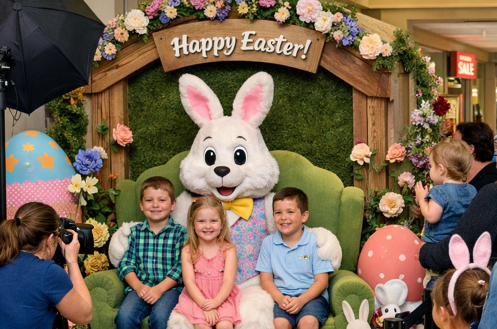 Kids getting their photos taken with the Easter Bunny