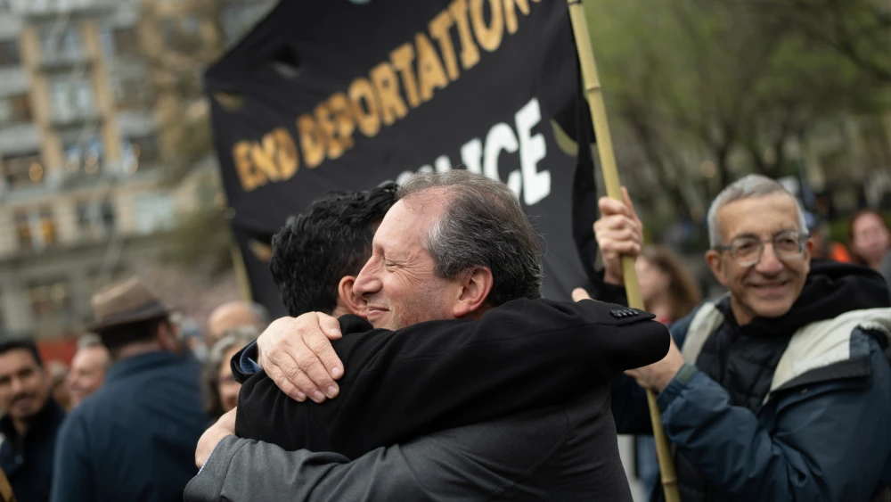 New York City Mayor Zohran Mamdani attends JFREJ’s “Seder in the Streets” in Union Square Park with former city comptroller Brad Lander on April 6, 2026. Credit: Michael Appleton/Mayoral Photography Office.