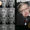 A collage of black-and-white photos of Jeffrey Epstein's mug shot next to photos of scientists Stephen Hawking and Lawrence Krauss, all against a background of galaxies, black holes and Nobel Prize medals.