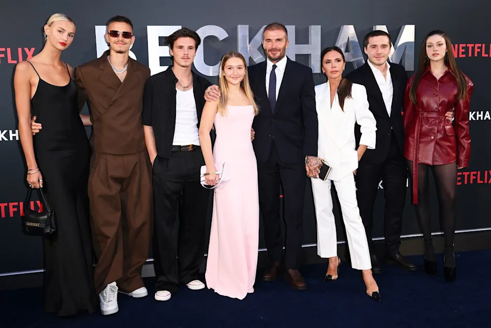 (L-R) Mia Regan, Romeo Beckham, Cruz Beckham, Harper Beckham, David Beckham, Victoria Beckham, Brooklyn and Nicola Peltz Beckham are pictured in October 2023Credit: Karwai Tang/WireImage