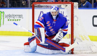 Hamden's Jonathan Quick of the New York Rangers makes a pad save during the first period of the National Hockey League game between the Detroit Red Wings and the New York Rangers on April 4, 2026 at Madison Square Garden in New York, NY. Quick announced his retirement from the NHL on Monday, April 13, 2026.