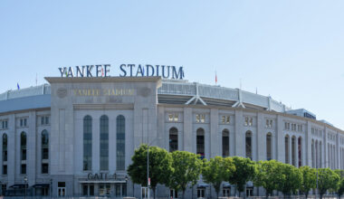 Yankee Stadium is shown in New York, NY, USA on August 19, 2022. The current Yankee Stadium is a baseball stadium located in the Bronx, New York City.