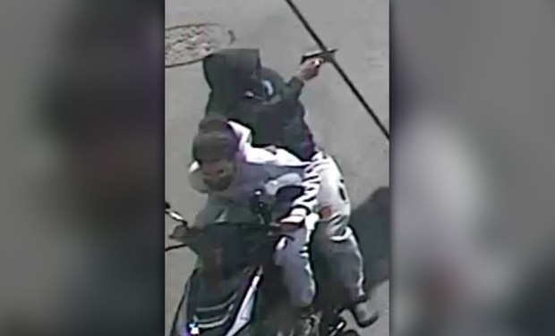The NYPD released surveillance footage of the gunman and his accomplice in the stray bullet shooting of a 7-month-old girl in a stroller near Humboldt and Moore Sts. in East Williamsburg, Brooklyn, on Wednesday, April 1, 2026. (NYPD)