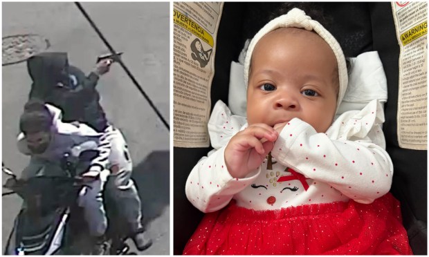 The NYPD released surveillance footage of the gunman and his accomplice in the stray bullet shooting of Kaori Patterson-Moore (right) in a stroller in East Williamsburg, Brooklyn, on Wednesday.