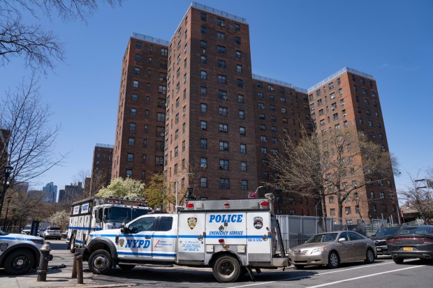 Police are pictured at the scene where a 43-year-old man was allegedly shot and killed by his 16-year-old stepson in an apartment building on Cumberland Walk in Brooklyn on Sunday April 12, 2026. (Theodore Parisienne / New York Daily News)