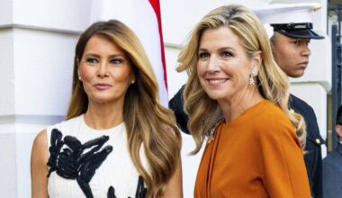 Melania Trump’s sculptural floral dress contrasts Queen Máxima’s bold orange look at the White House
