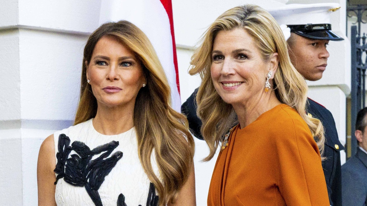 Melania Trump’s sculptural floral dress contrasts Queen Máxima’s bold orange look at the White House