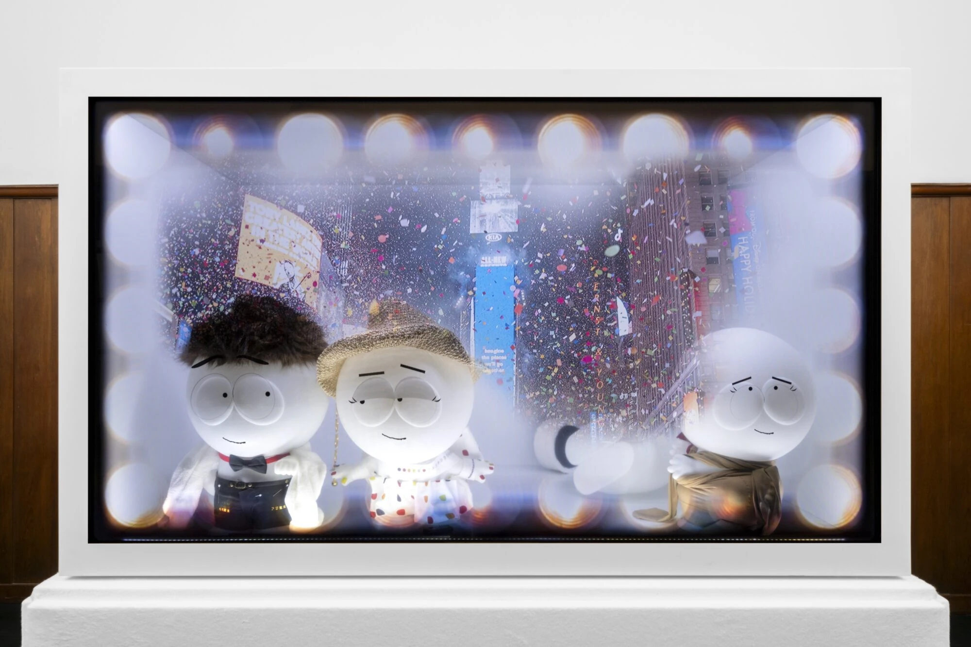 Marc Kokopeli. Times Square Alliance Playset. 2025. LCD cabinet, LED Screen, resin, fabric, mixed media; video, sound (9:15 min). 93 x 154 x 80 cm Courtesy the artist and Galerie Isabella Bortolozzi, Berlin.