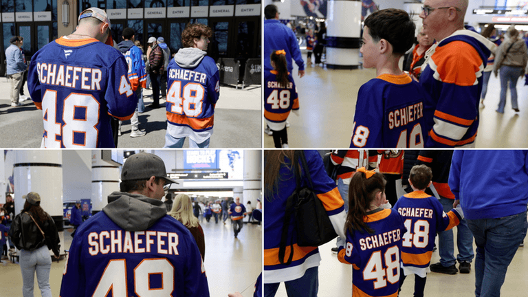 Islanders fans of all ages wear their Matthew Schaefer jerseys...