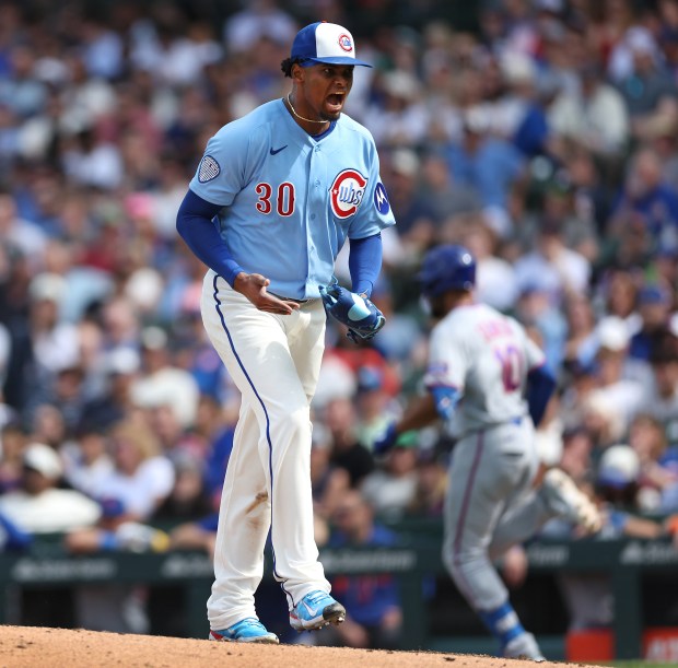 Chicago Cubs starting pitcher Edward Cabrera celebrates after finishing off the New York Mets in the sixth inning of a game at Wrigley Field in Chicago on April 17, 2026. (Chris Sweda/Chicago Tribune)