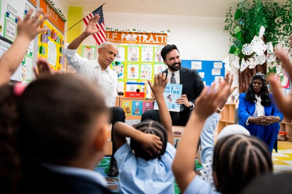 Former President Barack Obama and Mayor Zohran Mamdani visit Learning Through Play Pre-K in the Bronx in New York, Saturday, April 18, 2026. (AP Photo/Angelina Katsanis)