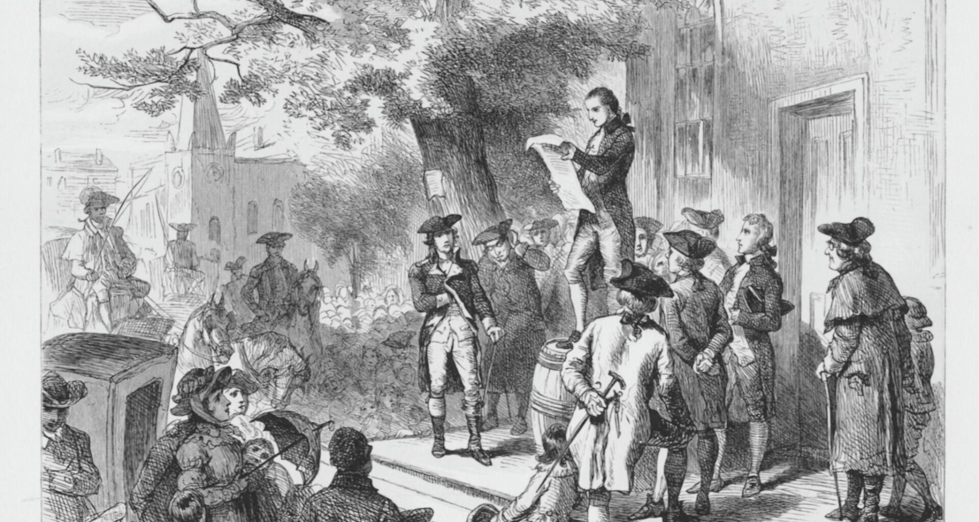This undated engraving shows residents of Kingston listening as Robert Benson, secretary of the convention, reads the state constitution publicly for the first time.